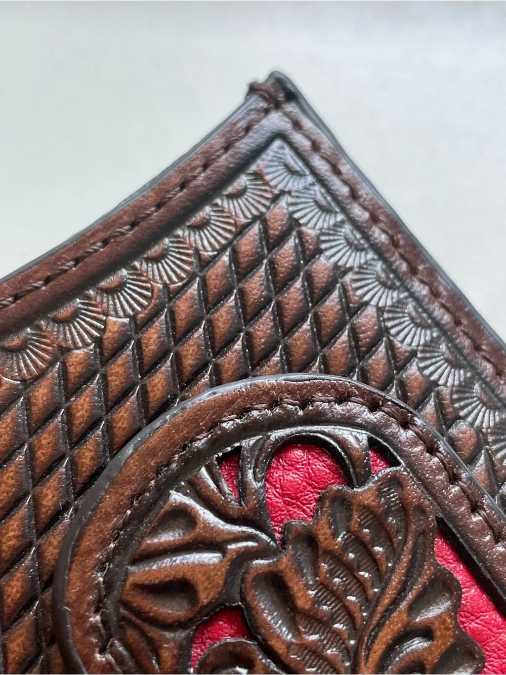 Nocona Men’s Red and Brown Floral Tooled Leather Magnetic Money Clip Wallet